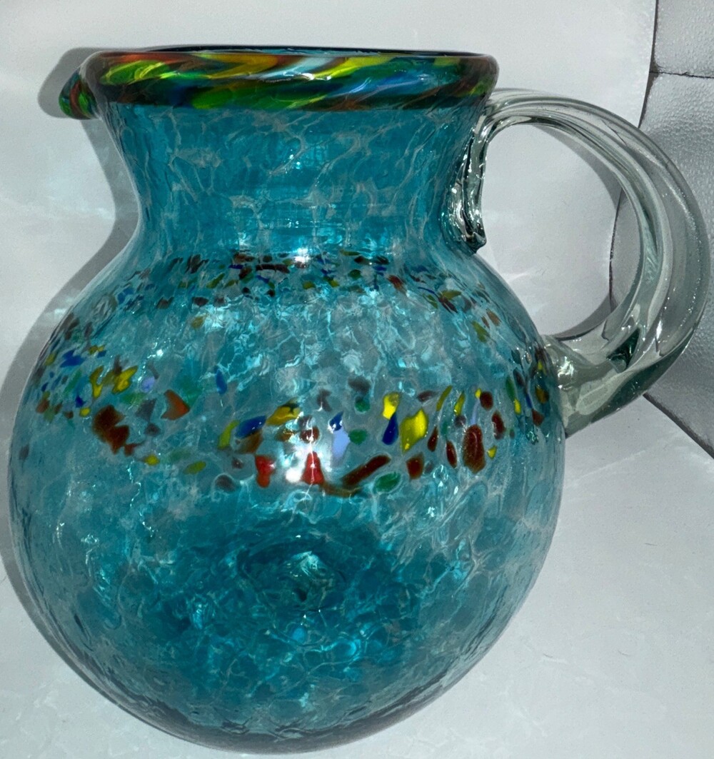 Handblown Art Glass Pitcher w/ Handle Multicolor Rim Spotted Glossy